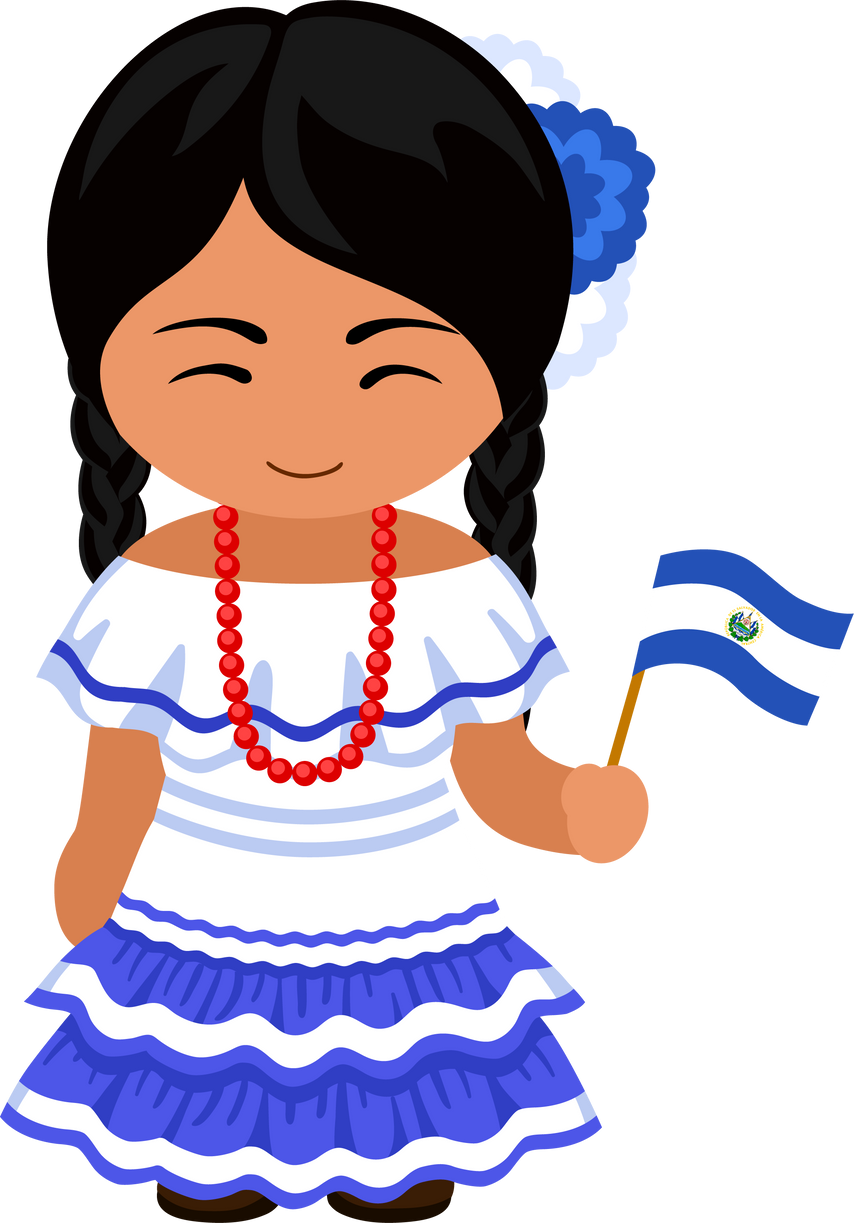 Woman in salvadoran national dress with flag.